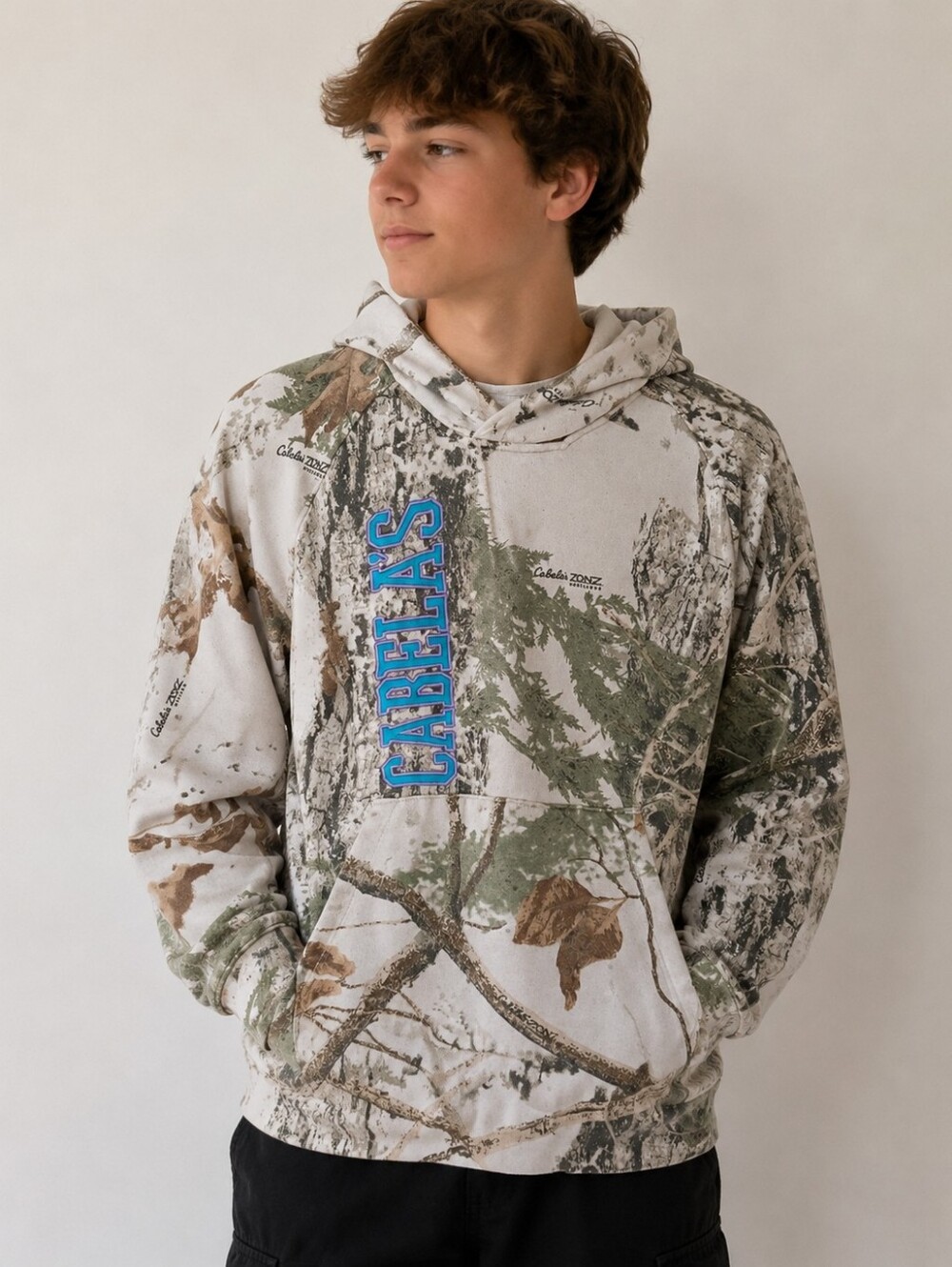 Cabela’s Boys Large Zonz Woodlands Camo Hoodie Embroidered Logo